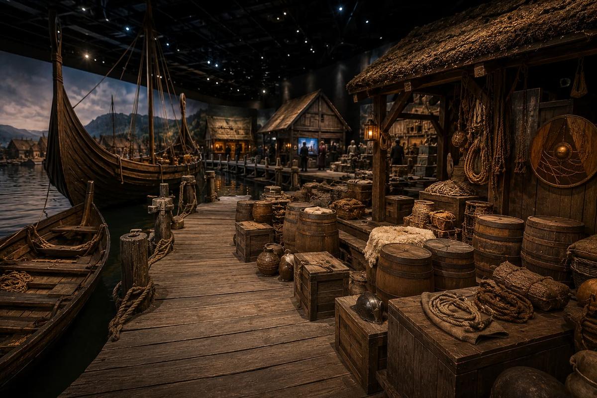 Wikinger Hafen mit Langschiff, Handelssiedlung und Waren im SAARVIK Museum Saarbrücken