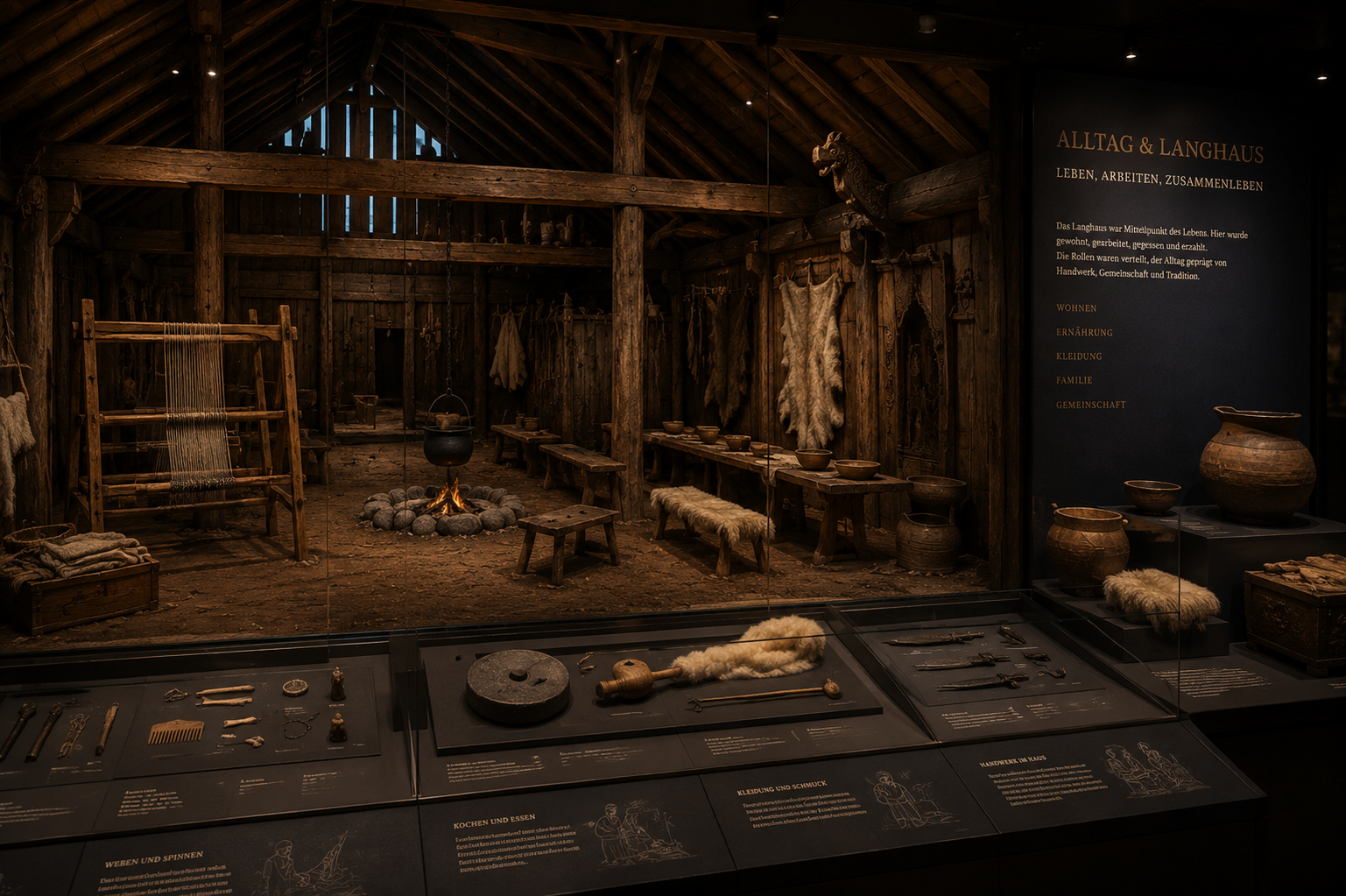 Wikinger Langhaus und Alltag Ausstellung Saarbrücken Wikinger Langhaus mit Feuerstelle, Webstuhl und Alltagsleben in Saarbrücken