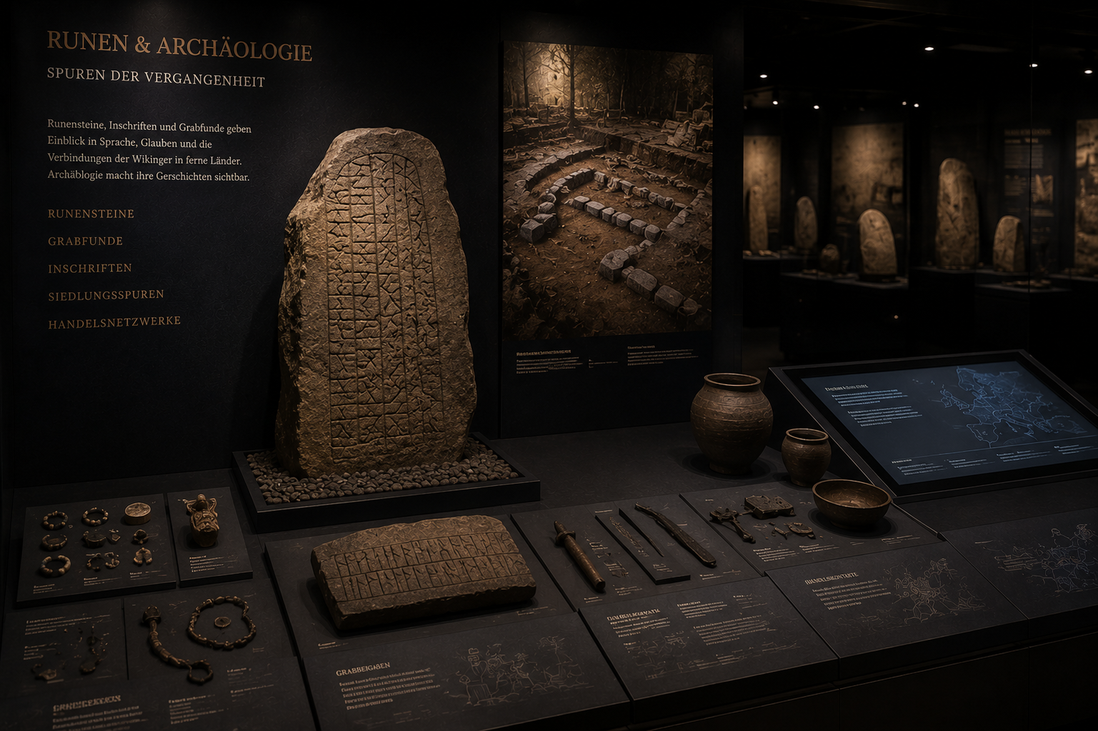 Wikinger Runen und Archäologie Ausstellung Saarbrücken Runenstein und archäologische Funde der Wikinger in einer Ausstellung in Saarbrücken
