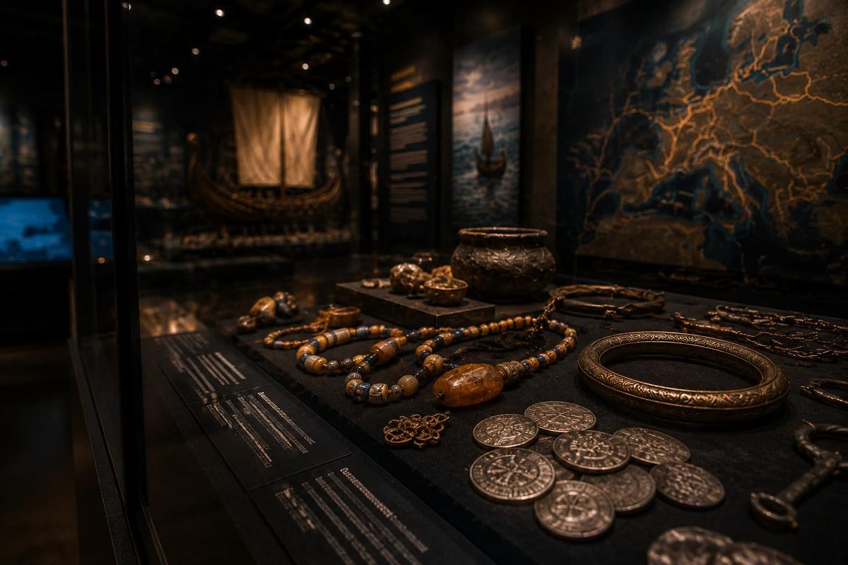 Wikinger Schmuck, Silbermünzen und Handelsgüter in einer Museumsvitrine