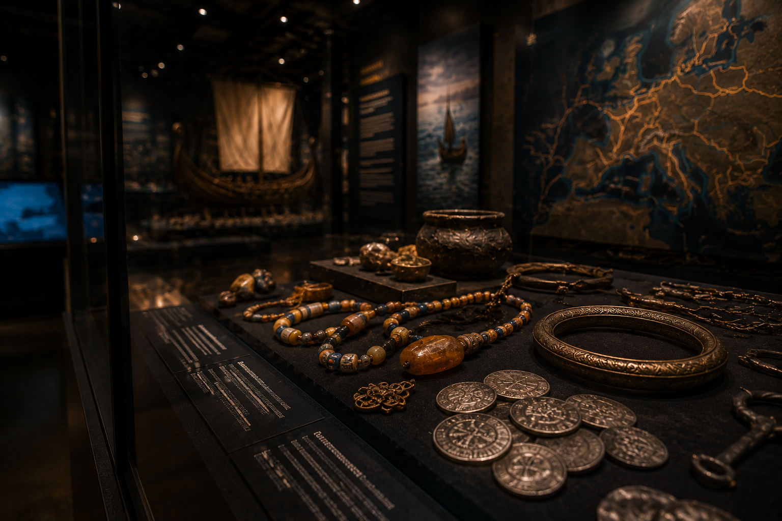 Wikinger Schmuck, Silbermünzen und Handelsgüter in einer Museumsvitrine
